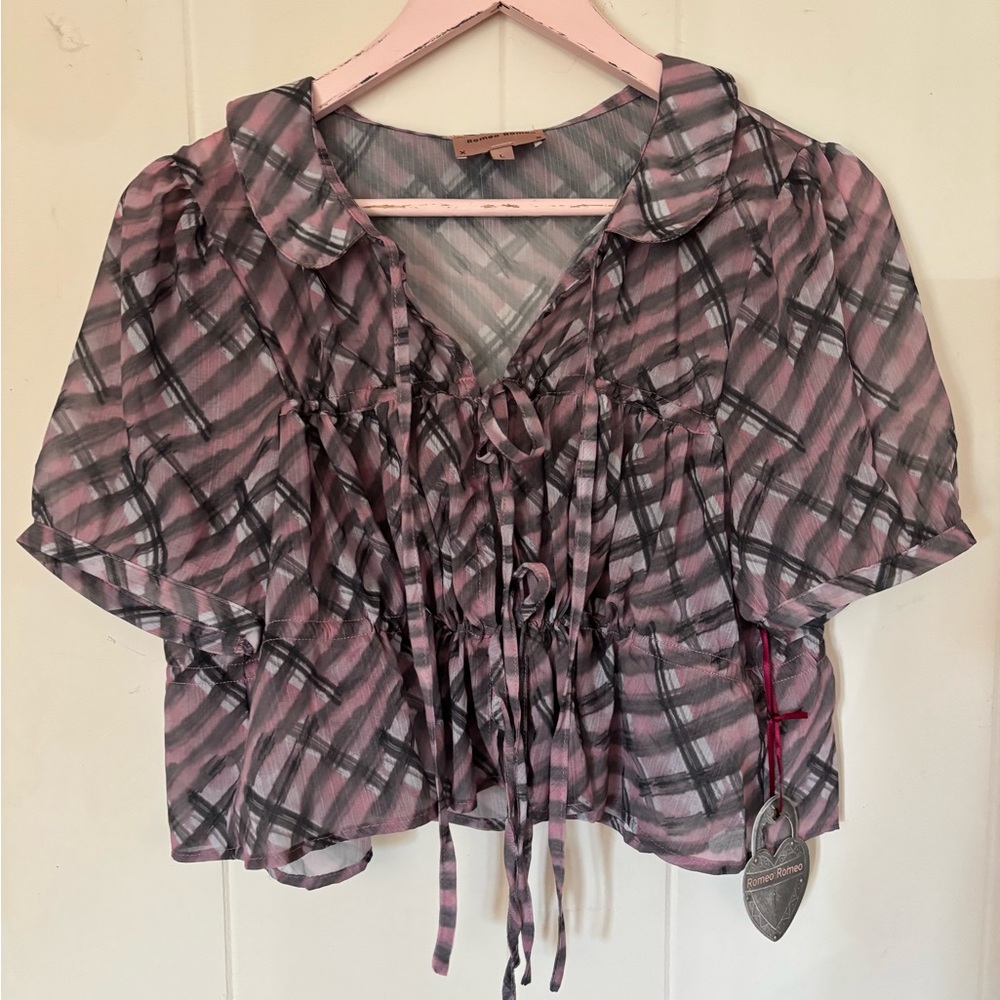 Chic Plaid Sheer Blouse in Pink